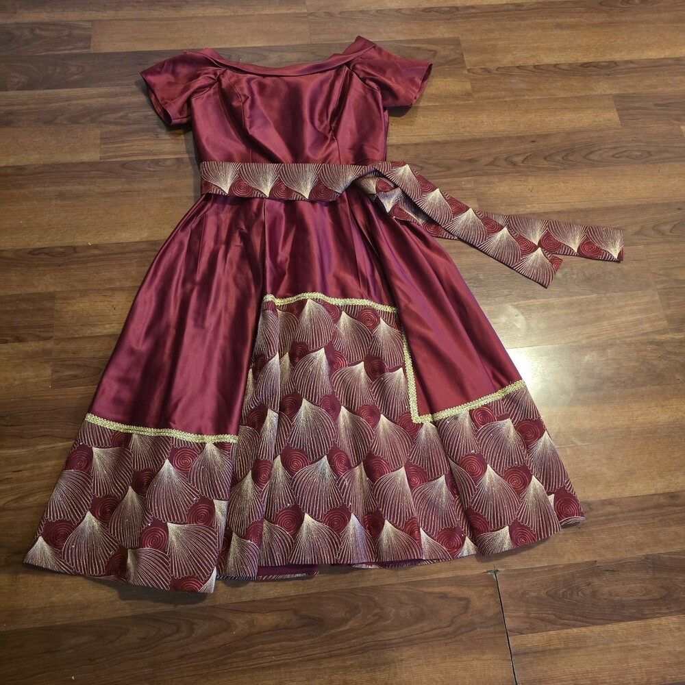 Vintage Inspired Maroon Fit & Flare Cocktail Dress Pattern Sash Cotton Feel Zip